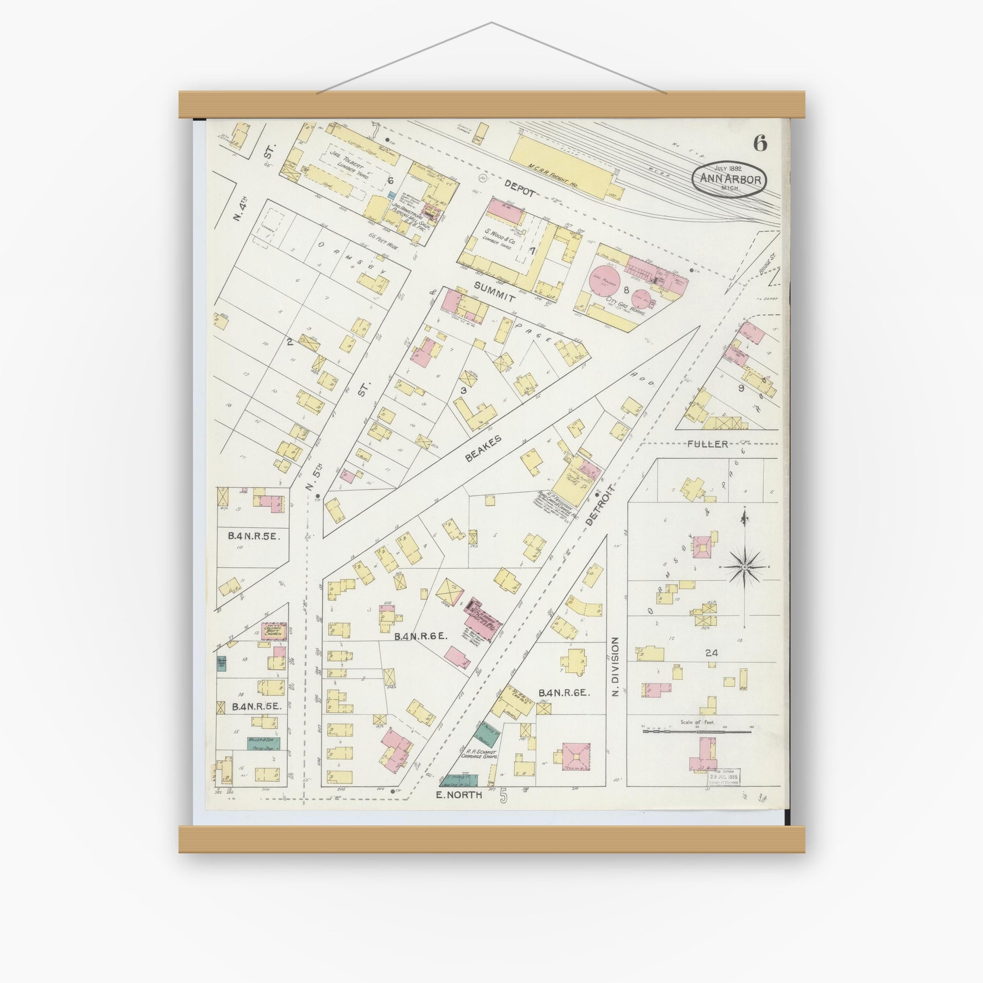 Old map wall art mockup — magnetic wood frame on white wall — Sanborn Fire Insurance Map from Ann Arbor, Washtenaw County, Michigan (1892), Sheet #0006
