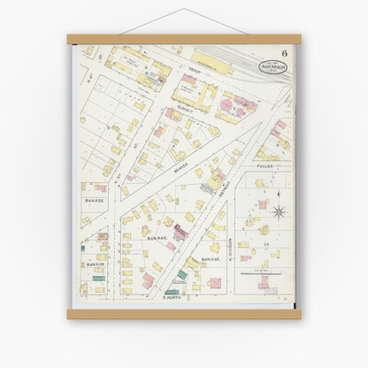 Old map wall art mockup — magnetic wood frame on white wall — Sanborn Fire Insurance Map from Ann Arbor, Washtenaw County, Michigan (1892), Sheet #0006