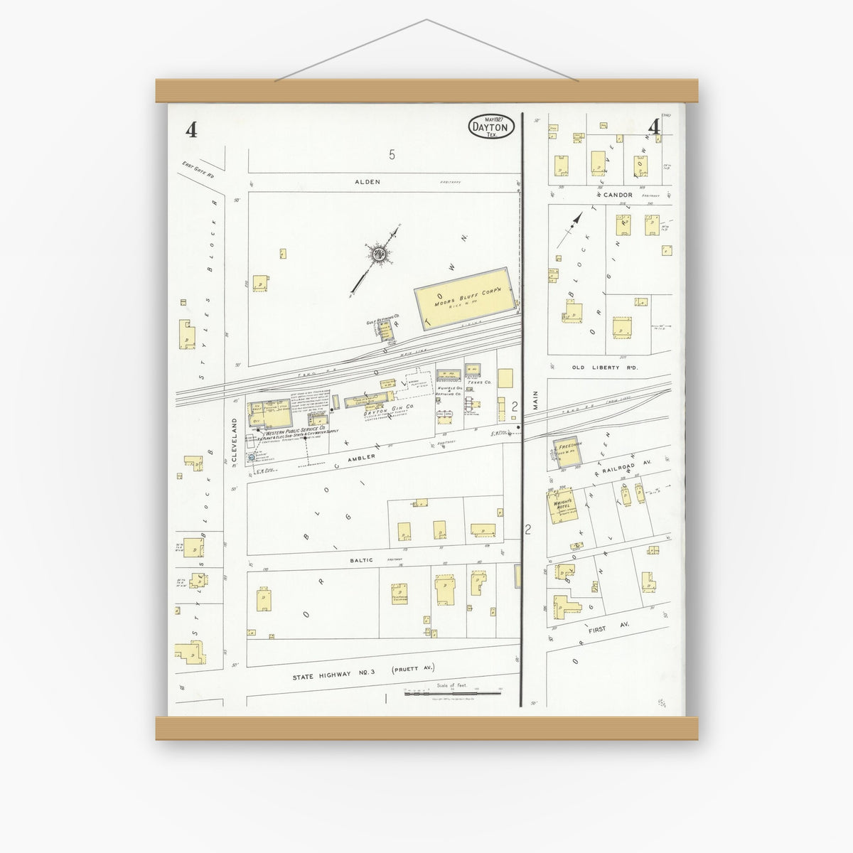 Old map wall art mockup — magnetic wood frame on white wall — Sanborn Fire Insurance Map from Dayton, Liberty County, Texas (1927), Sheet #0004