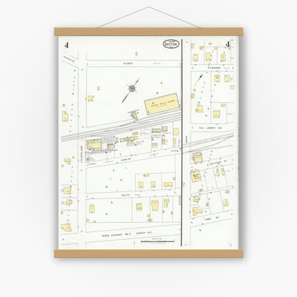 Old map wall art mockup — magnetic wood frame on white wall — Sanborn Fire Insurance Map from Dayton, Liberty County, Texas (1927), Sheet #0004