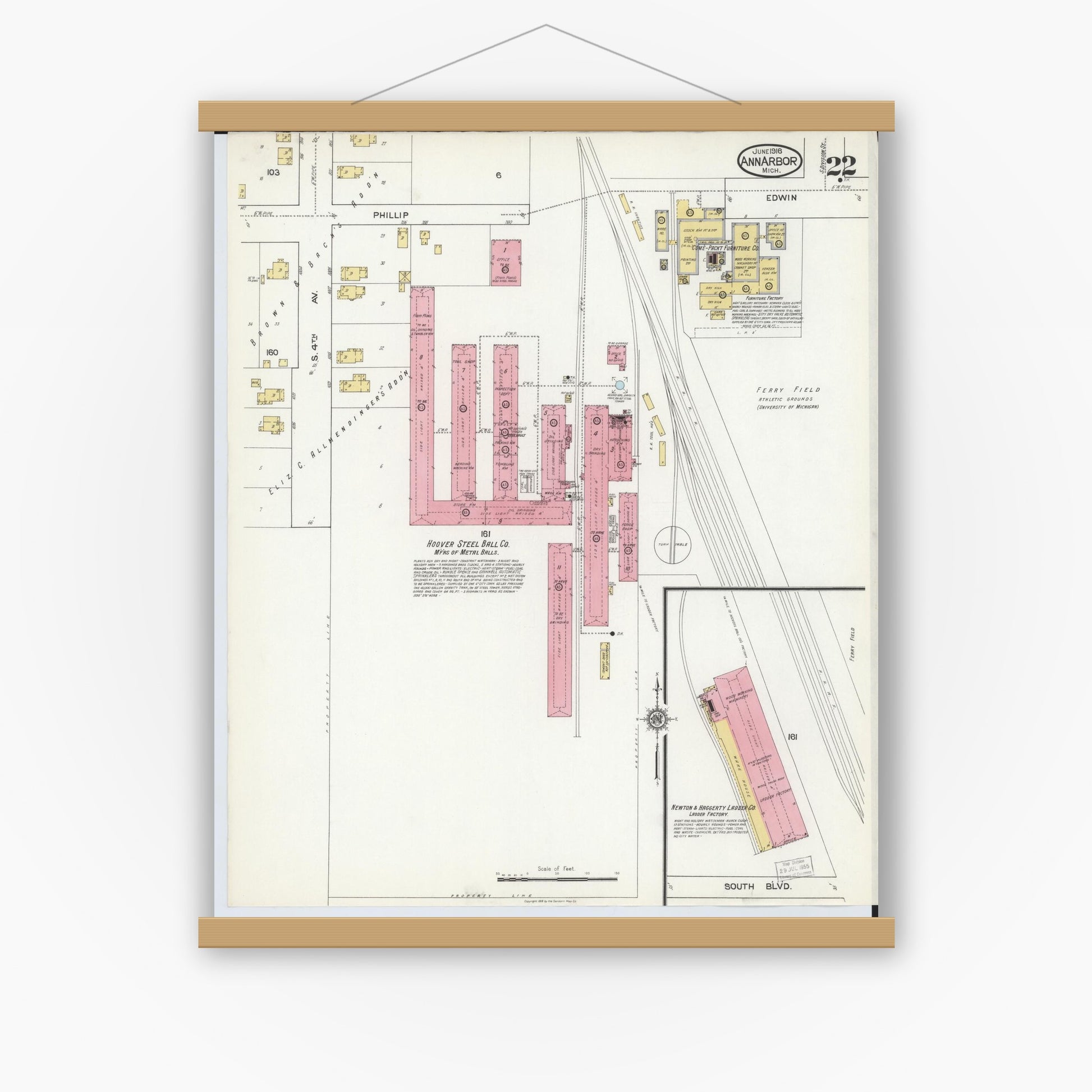 Old map wall art mockup — magnetic wood frame on white wall — Sanborn Fire Insurance Map from Ann Arbor, Washtenaw County, Michigan (1916), Sheet #0022