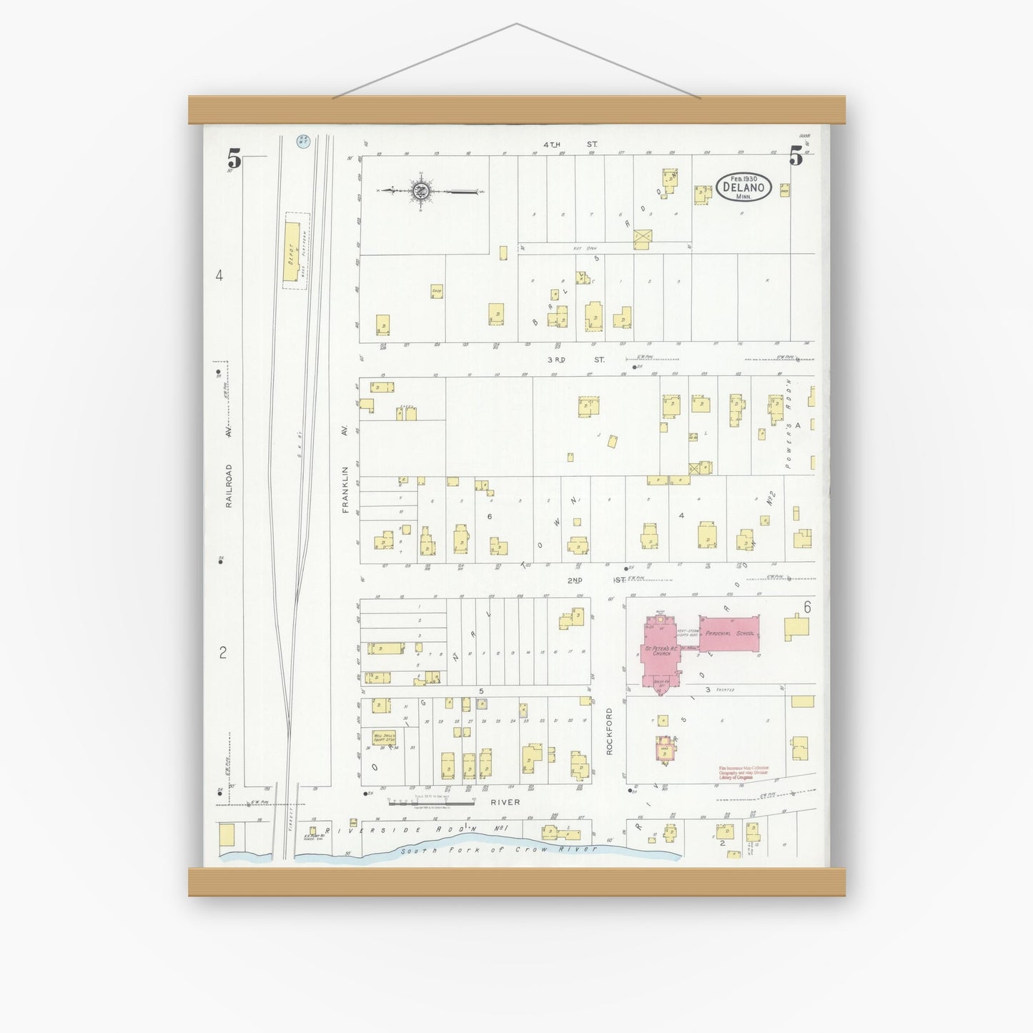 Old map wall art mockup — magnetic wood frame on white wall — Sanborn Fire Insurance Map from Delano, Wright County, Minnesota (1930), Sheet #0005