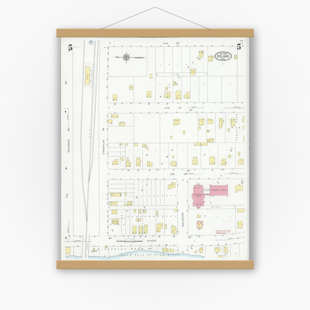 Old map wall art mockup — magnetic wood frame on white wall — Sanborn Fire Insurance Map from Delano, Wright County, Minnesota (1930), Sheet #0005
