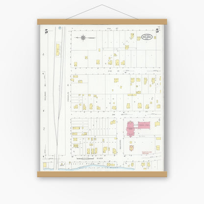 Old map wall art mockup — magnetic wood frame on white wall — Sanborn Fire Insurance Map from Delano, Wright County, Minnesota (1930), Sheet #0005