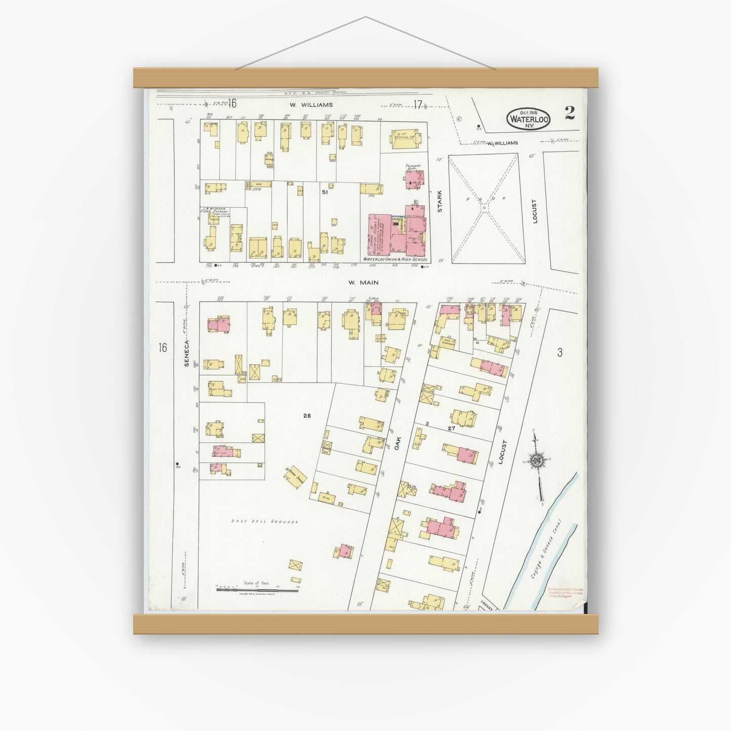 Old map wall art mockup — magnetic wood frame on white wall — Sanborn Fire Insurance Map from Waterloo, Seneca County, New York (1918), Sheet #0002