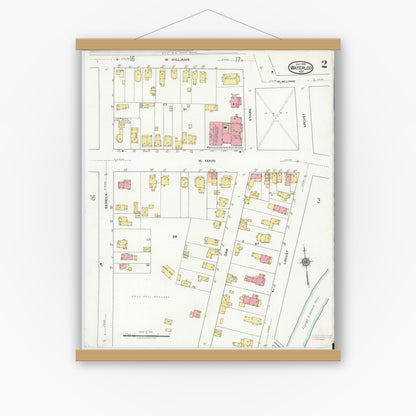 Old map wall art mockup — magnetic wood frame on white wall — Sanborn Fire Insurance Map from Waterloo, Seneca County, New York (1918), Sheet #0002