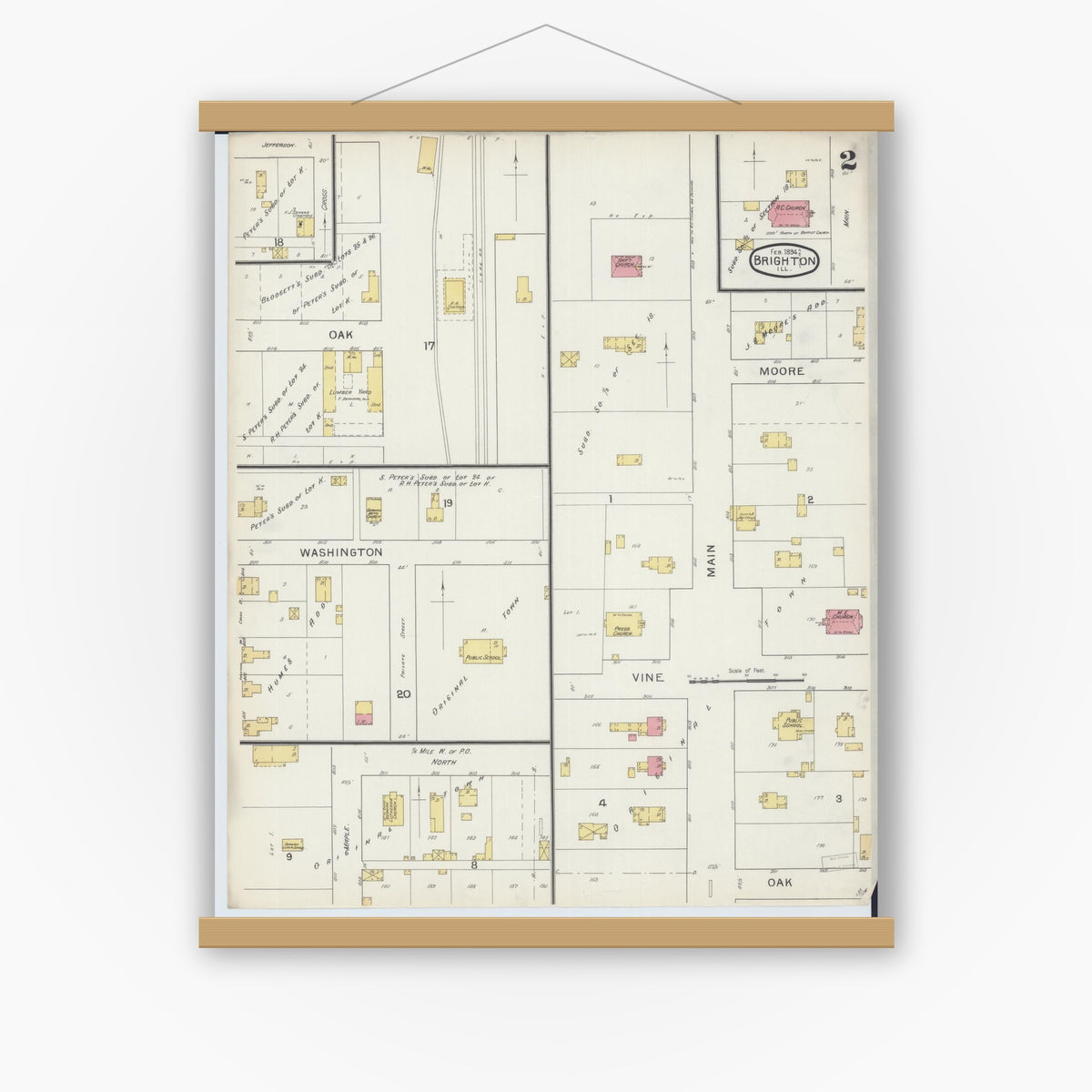 Old map wall art mockup — magnetic wood frame on white wall — Sanborn Fire Insurance Map from Brighton, Macoupin County, Illinois (1894), Sheet #0002