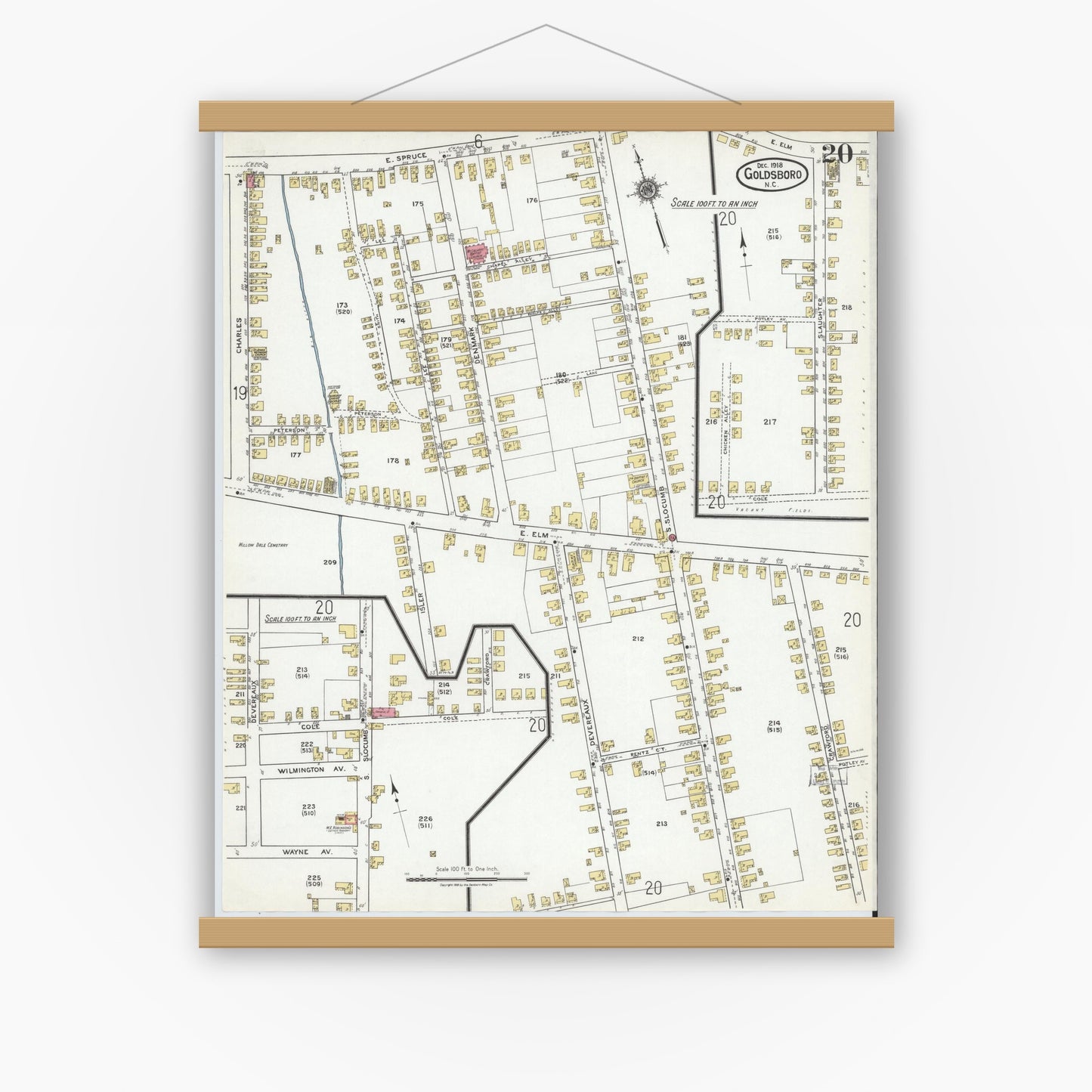 Old map wall art mockup — magnetic wood frame on white wall — Sanborn Fire Insurance Map from Goldsboro, Wayne County, North Carolina (1918), Sheet #0020