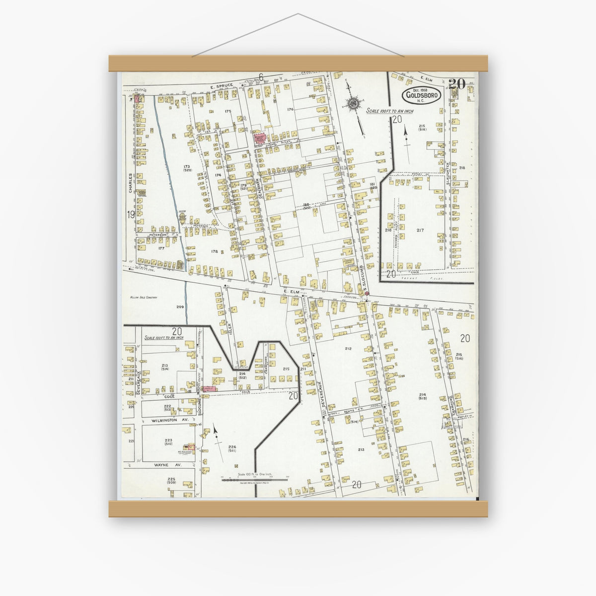 Old map wall art mockup — magnetic wood frame on white wall — Sanborn Fire Insurance Map from Goldsboro, Wayne County, North Carolina (1918), Sheet #0020