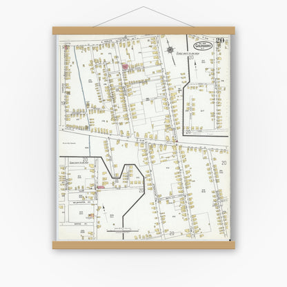 Old map wall art mockup — magnetic wood frame on white wall — Sanborn Fire Insurance Map from Goldsboro, Wayne County, North Carolina (1918), Sheet #0020