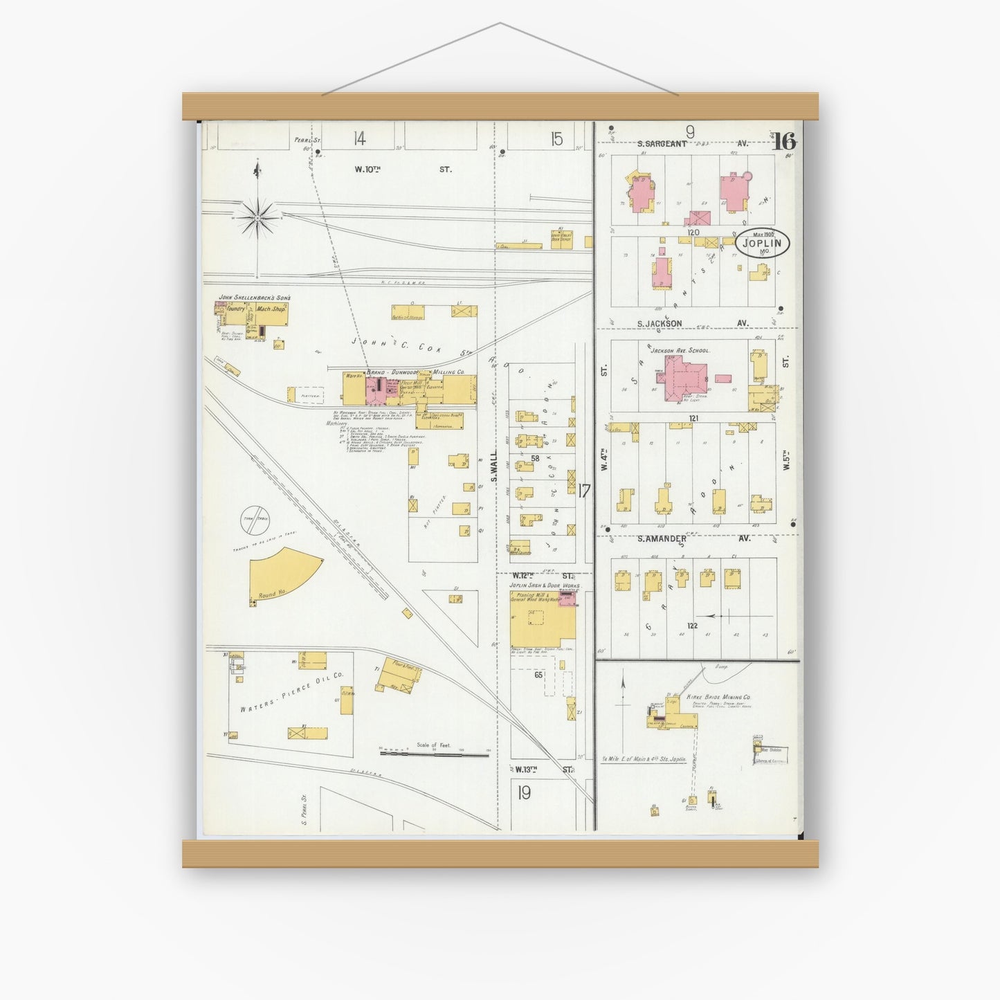 Old map wall art mockup — magnetic wood frame on white wall — Sanborn Fire Insurance Map from Joplin, Jasper County, Missouri (1900), Sheet #0016