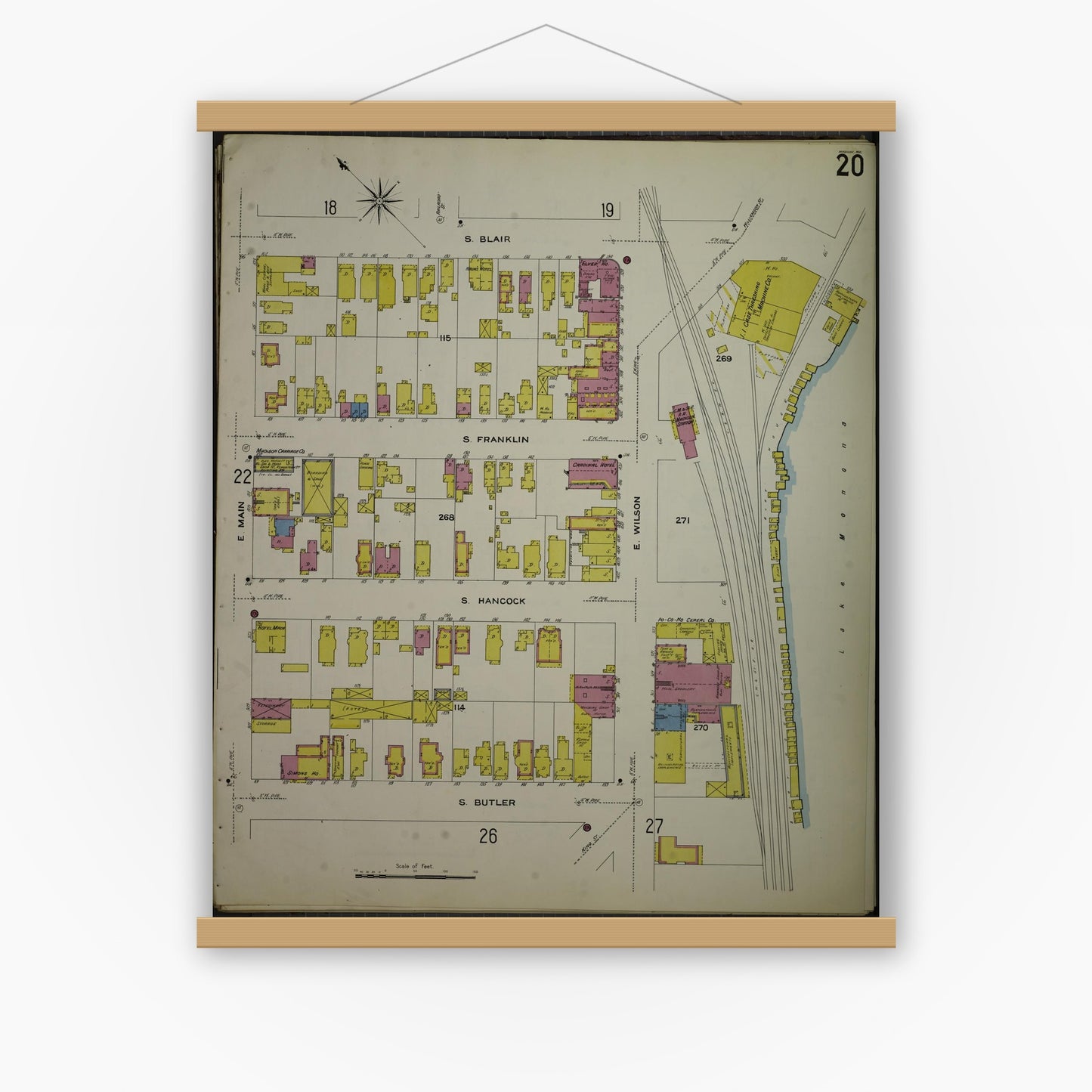 Old map wall art mockup — magnetic wood frame on white wall — Sanborn Fire Insurance Map from Madison, Dane County, Wisconsin (1908), Sheet #0020
