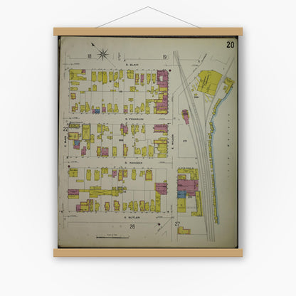 Old map wall art mockup — magnetic wood frame on white wall — Sanborn Fire Insurance Map from Madison, Dane County, Wisconsin (1908), Sheet #0020