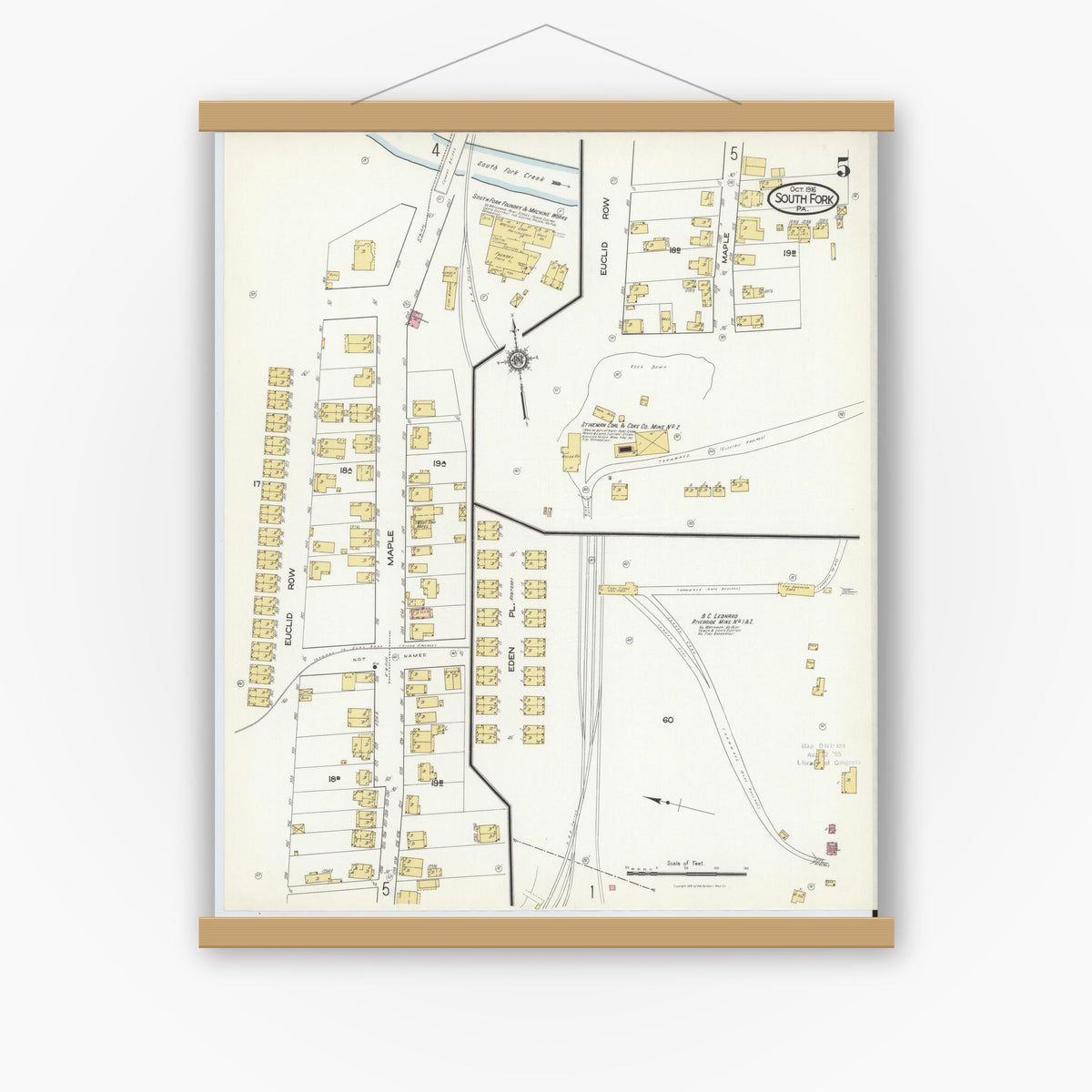 Old map wall art mockup — magnetic wood frame on white wall — Sanborn Fire Insurance Map from South Fork, Cambria County, Pennsylvania (1916), Sheet #0005