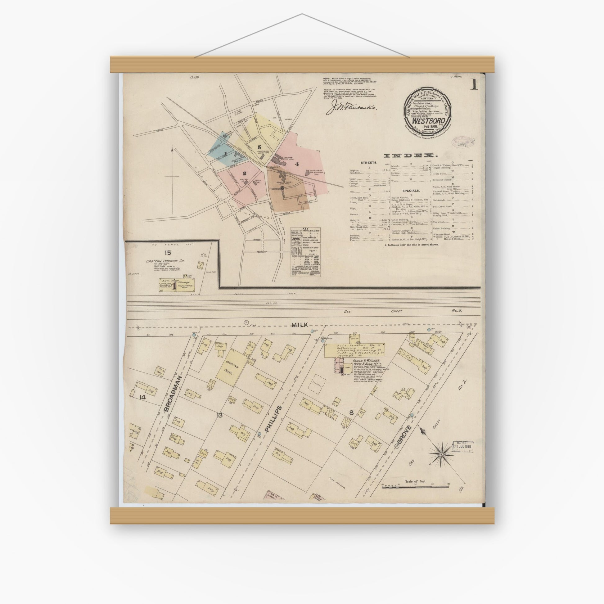 Old map wall art mockup — magnetic wood frame on white wall — Sanborn Fire Insurance Map from Westboro, Worcester County, Massachusetts (1888), Sheet #0001