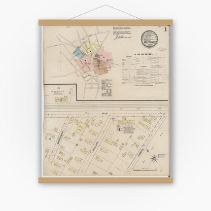 Old map wall art mockup — magnetic wood frame on white wall — Sanborn Fire Insurance Map from Westboro, Worcester County, Massachusetts (1888), Sheet #0001