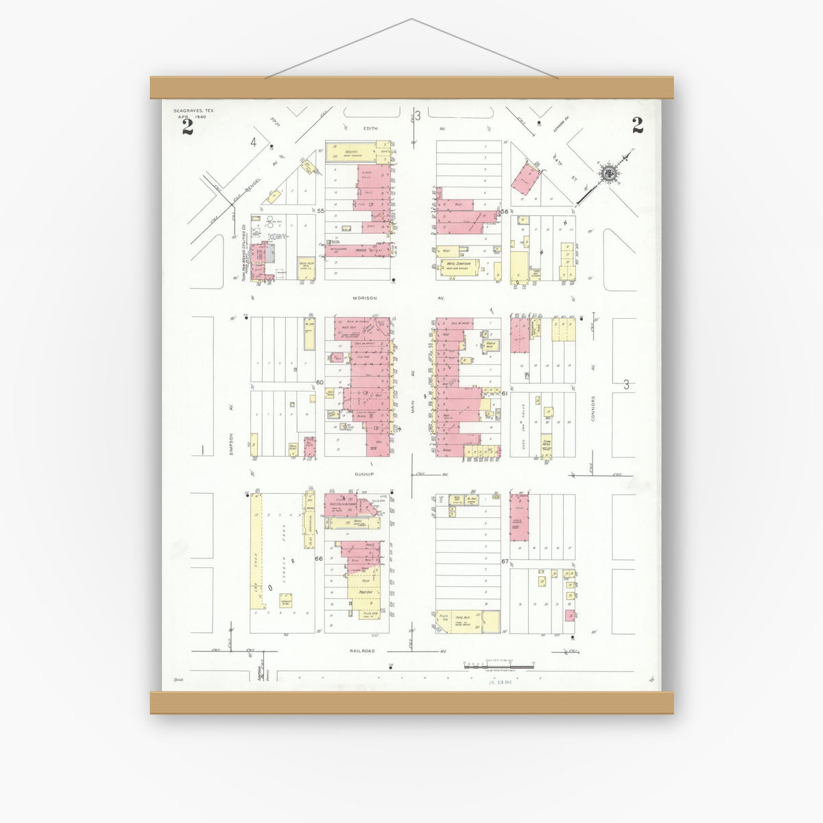 Old map wall art mockup — magnetic wood frame on white wall — Sanborn Fire Insurance Map from Seagraves, Gaines County, Texas (1940), Sheet #0002