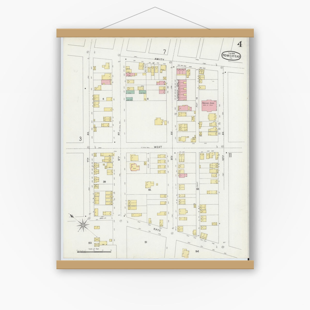 Old map wall art mockup — magnetic wood frame on white wall — Sanborn Fire Insurance Map from Homestead, Allegheny County, Pennsylvania (1896), Sheet #0004