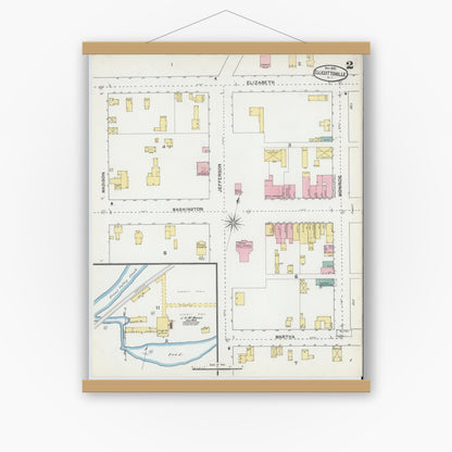 Old map wall art mockup — magnetic wood frame on white wall — Sanborn Fire Insurance Map from Ellicottville, Cattaraugus County, New York (1892), Sheet #0002