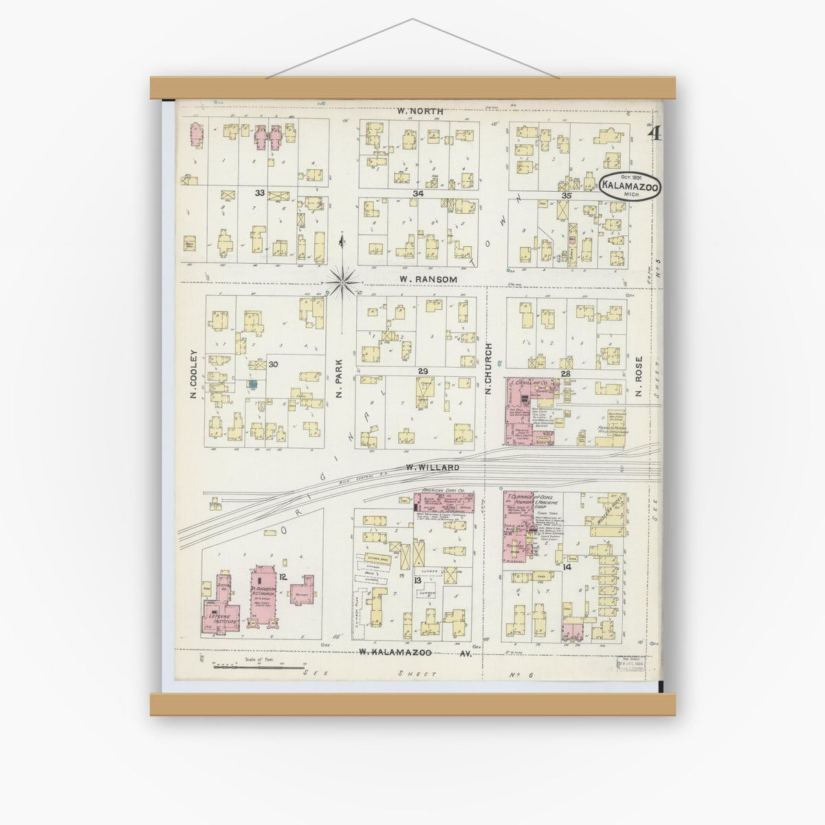 Old map wall art mockup — magnetic wood frame on white wall — Sanborn Fire Insurance Map from Kalamazoo, Kalamazoo County, Michigan (1891), Sheet #0004