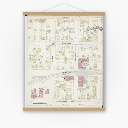 Old map wall art mockup — magnetic wood frame on white wall — Sanborn Fire Insurance Map from Kalamazoo, Kalamazoo County, Michigan (1891), Sheet #0004