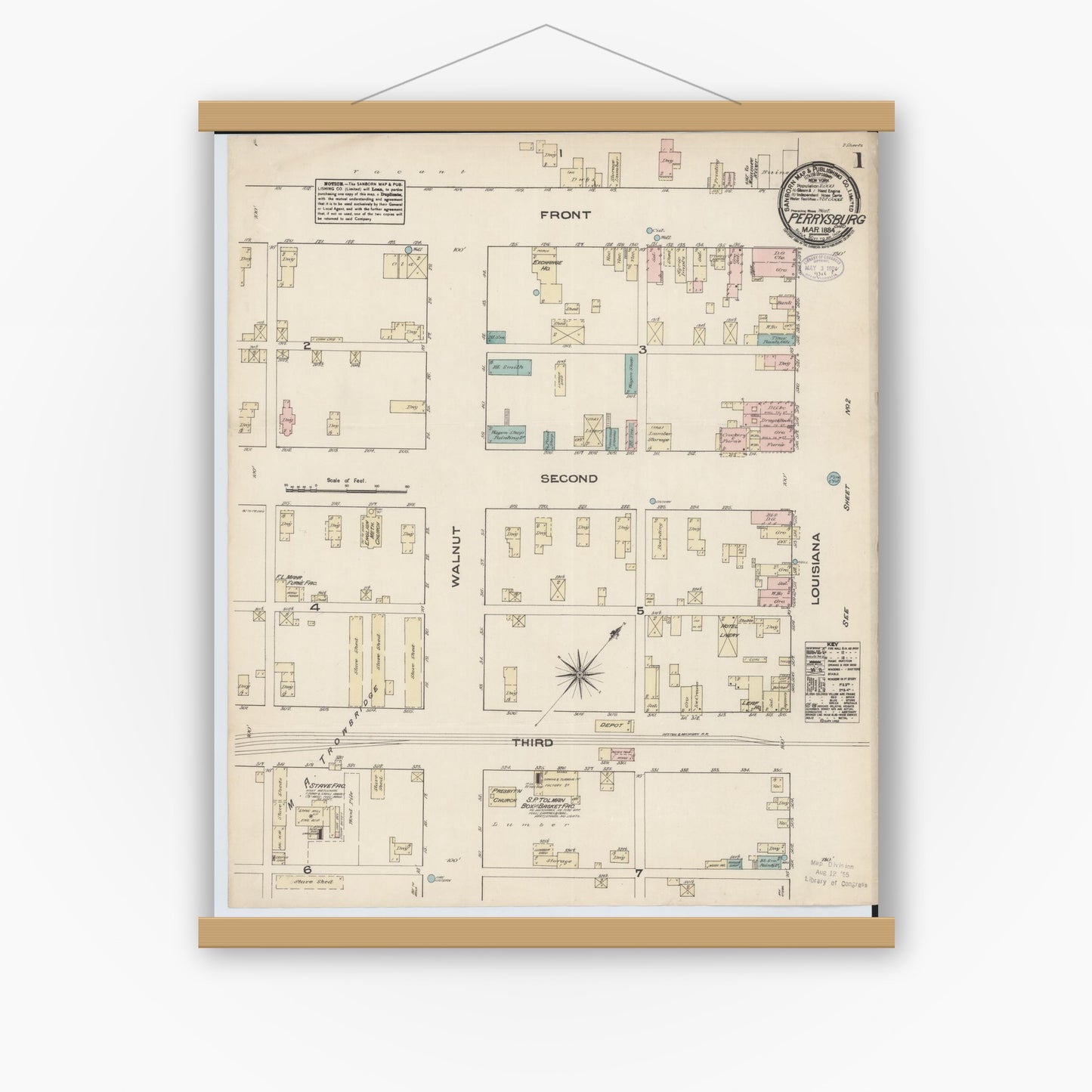 Old map wall art mockup — magnetic wood frame on white wall — Sanborn Fire Insurance Map from Perrysburg, Wood County, Ohio (1884) - Complete Map Set