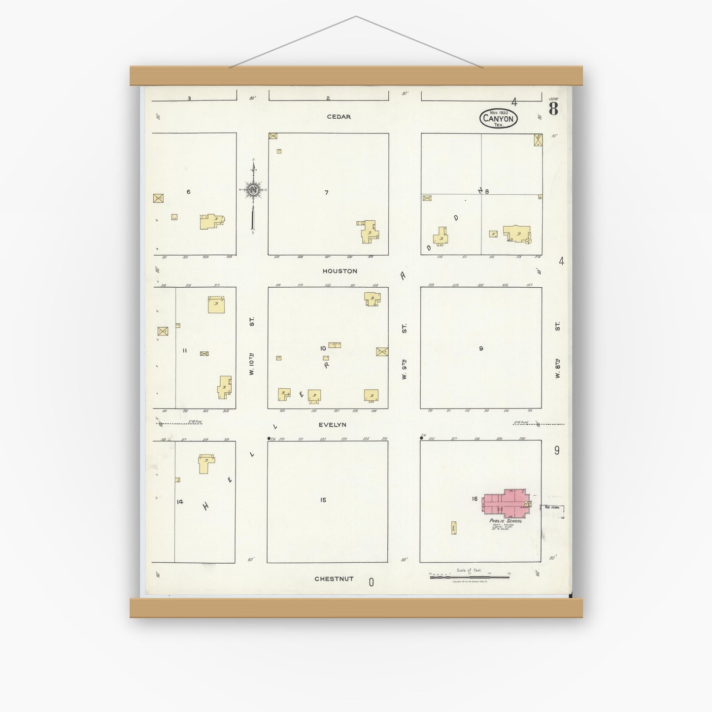 Old map wall art mockup — magnetic wood frame on white wall — Sanborn Fire Insurance Map from Canyon, Randall County, Texas (1920), Sheet #0008