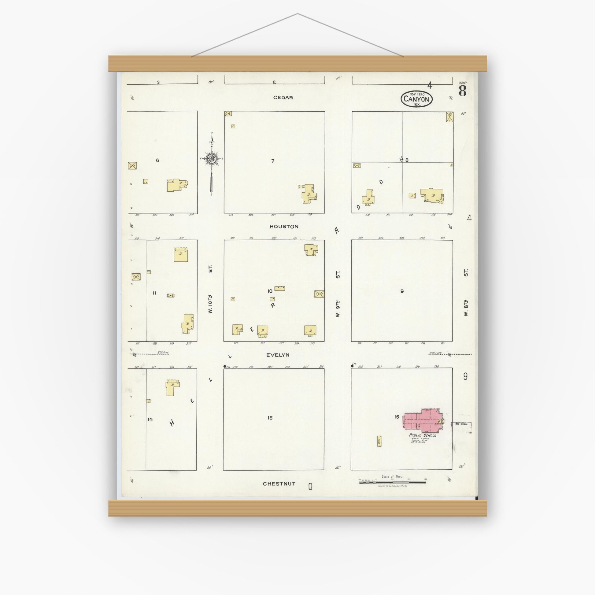 Old map wall art mockup — magnetic wood frame on white wall — Sanborn Fire Insurance Map from Canyon, Randall County, Texas (1920), Sheet #0008