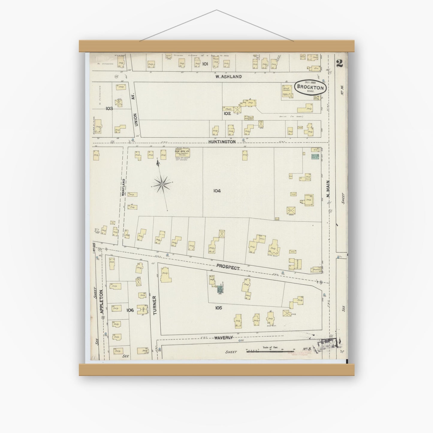 Old map wall art mockup — magnetic wood frame on white wall — Sanborn Fire Insurance Map from Brockton, Plymouth County, Massachusetts (1889), Sheet #0002
