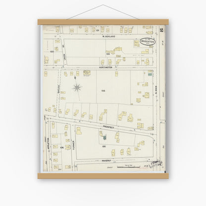 Old map wall art mockup — magnetic wood frame on white wall — Sanborn Fire Insurance Map from Brockton, Plymouth County, Massachusetts (1889), Sheet #0002