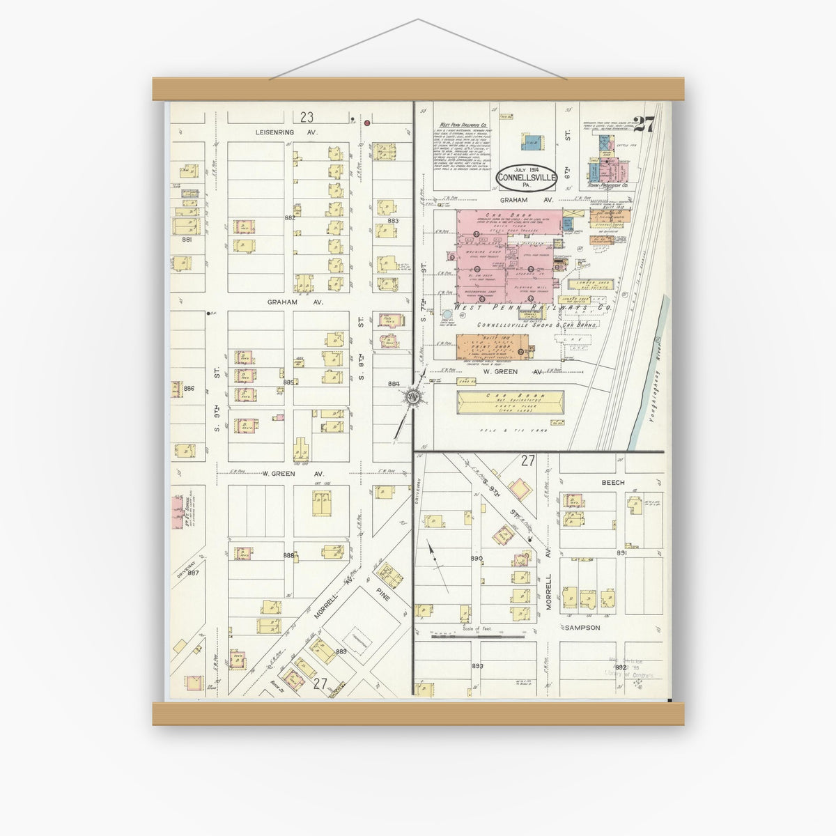 Old map wall art mockup — magnetic wood frame on white wall — Sanborn Fire Insurance Map from Connellsville, Fayette County, Pennsylvania (1914), Sheet #0027