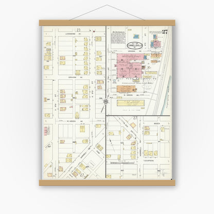 Old map wall art mockup — magnetic wood frame on white wall — Sanborn Fire Insurance Map from Connellsville, Fayette County, Pennsylvania (1914), Sheet #0027