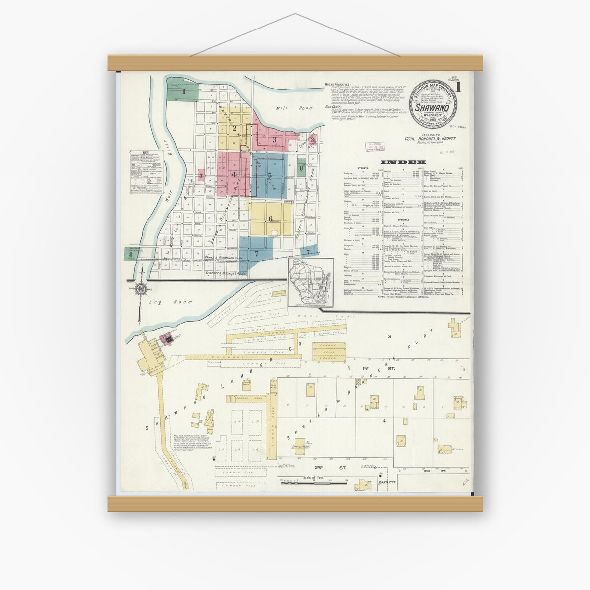 Old map wall art mockup — magnetic wood frame on white wall — Sanborn Fire Insurance Map from Shawano, Shawano County, Wisconsin (1913) - Complete Map Set