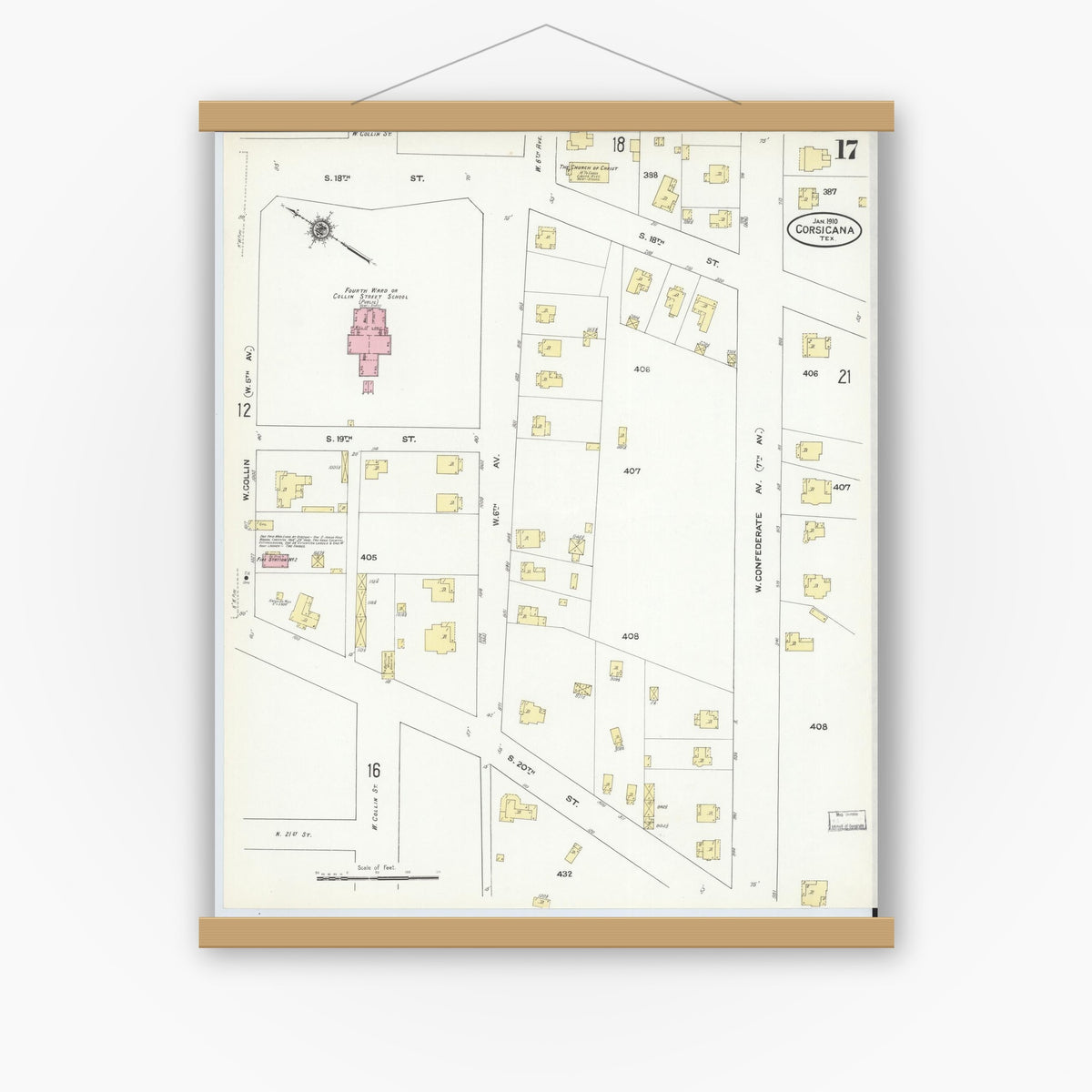 Old map wall art mockup — magnetic wood frame on white wall — Sanborn Map from Corsicana, Navarro County, Texas (1910), Sheet #0017