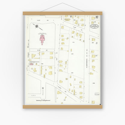 Old map wall art mockup — magnetic wood frame on white wall — Sanborn Map from Corsicana, Navarro County, Texas (1910), Sheet #0017