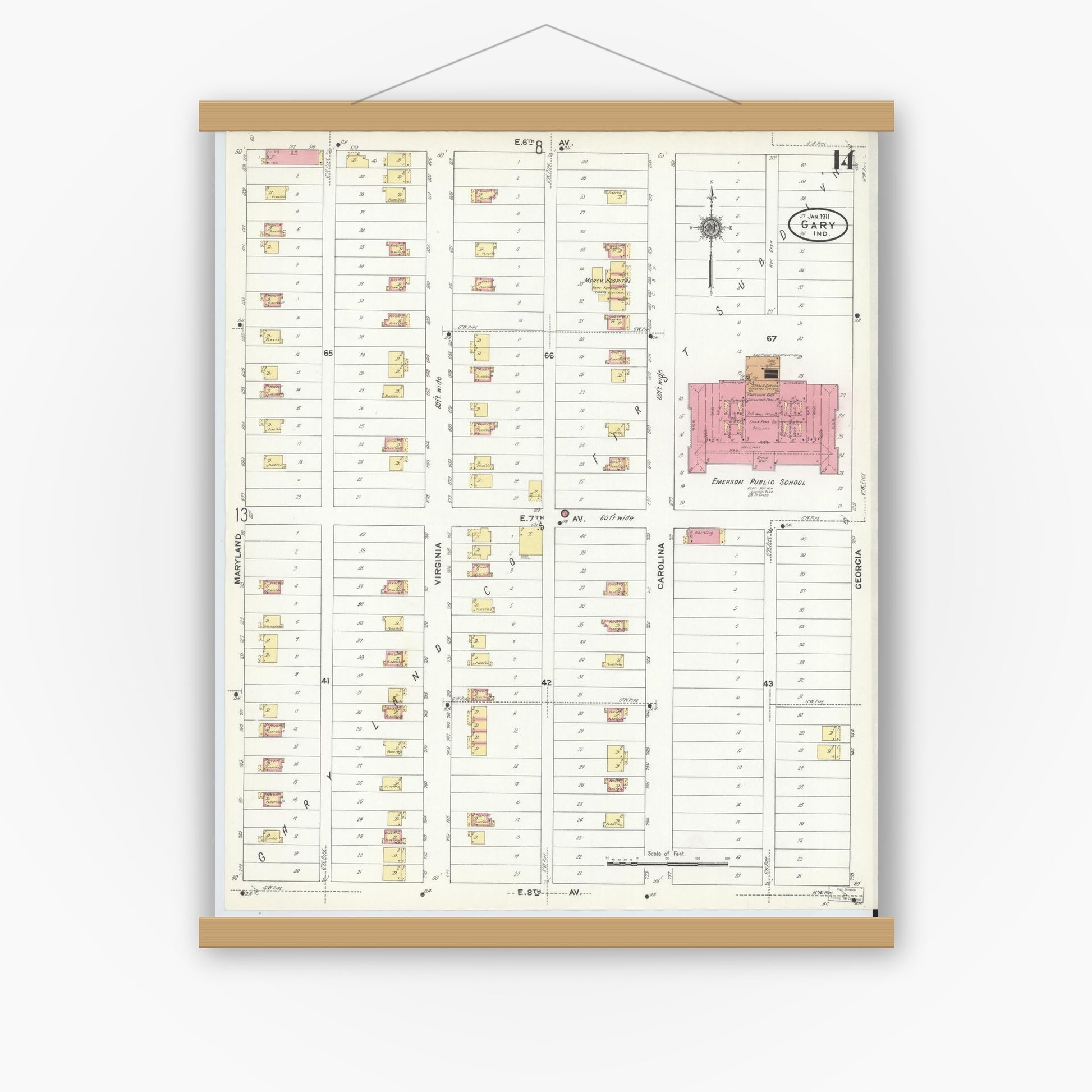 Old map wall art mockup — magnetic wood frame on white wall — Sanborn Fire Insurance Map from Gary, Lake County, Indiana (1911), Sheet #0014
