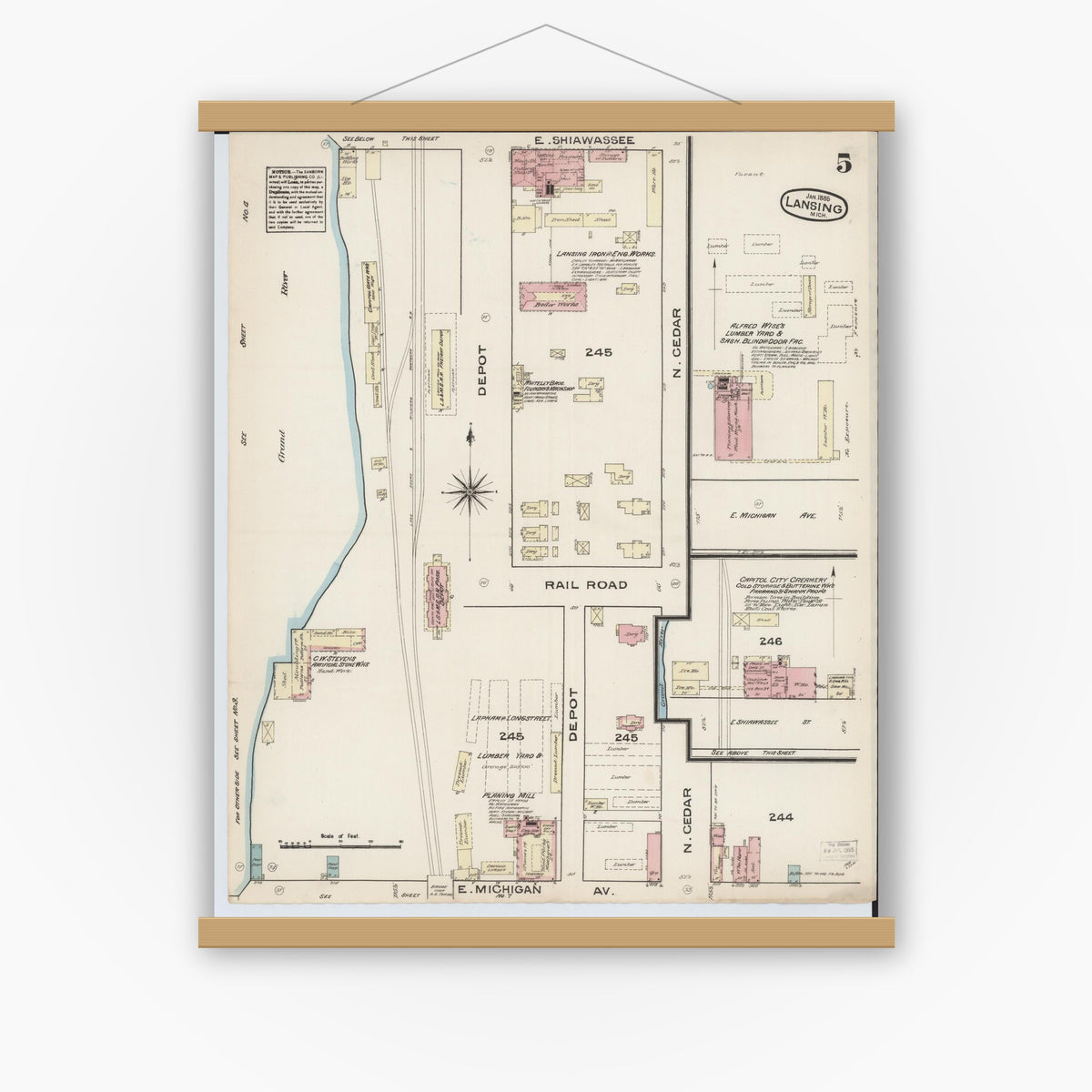 Old map wall art mockup — magnetic wood frame on white wall — Sanborn Fire Insurance Map from Lansing, Ingham County, Michigan (1885), Sheet #0005