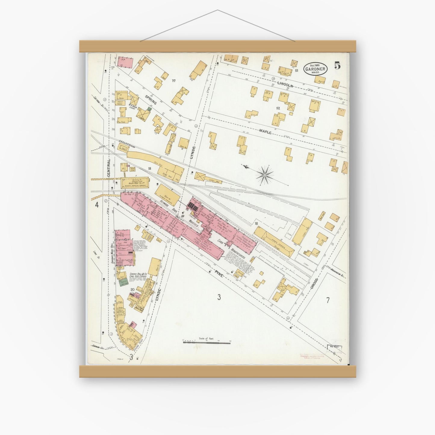 Old map wall art mockup — magnetic wood frame on white wall — Sanborn Fire Insurance Map from Gardner, Worcester County, Massachusetts (1900), Sheet #0005