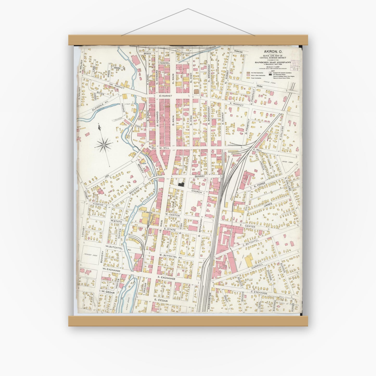 Old map wall art mockup — magnetic wood frame on white wall — Sanborn Fire Insurance Map from Akron, Summit County, Ohio (1906), Sheet #0001