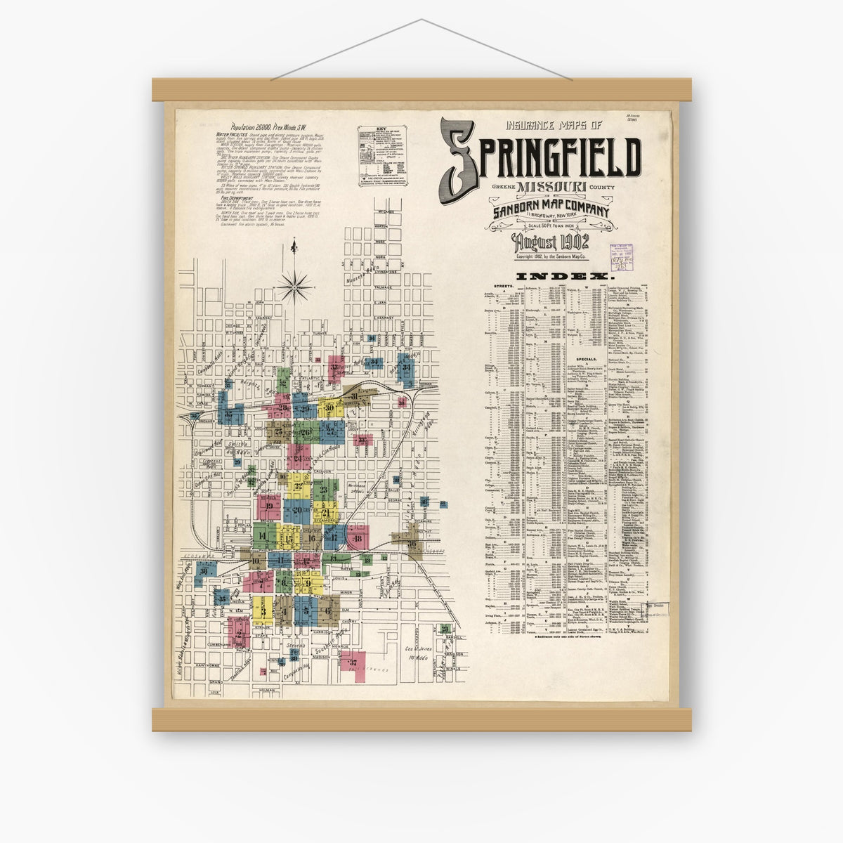 Old map wall art mockup — magnetic wood frame on white wall — Sanborn Fire Insurance Map from Springfield, Greene County, Missouri (1902), Sheet #0001
