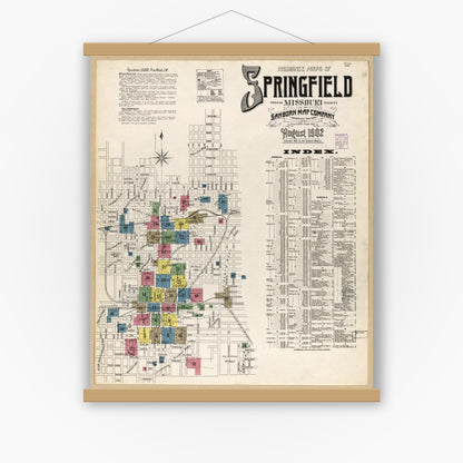 Old map wall art mockup — magnetic wood frame on white wall — Sanborn Fire Insurance Map from Springfield, Greene County, Missouri (1902), Sheet #0001