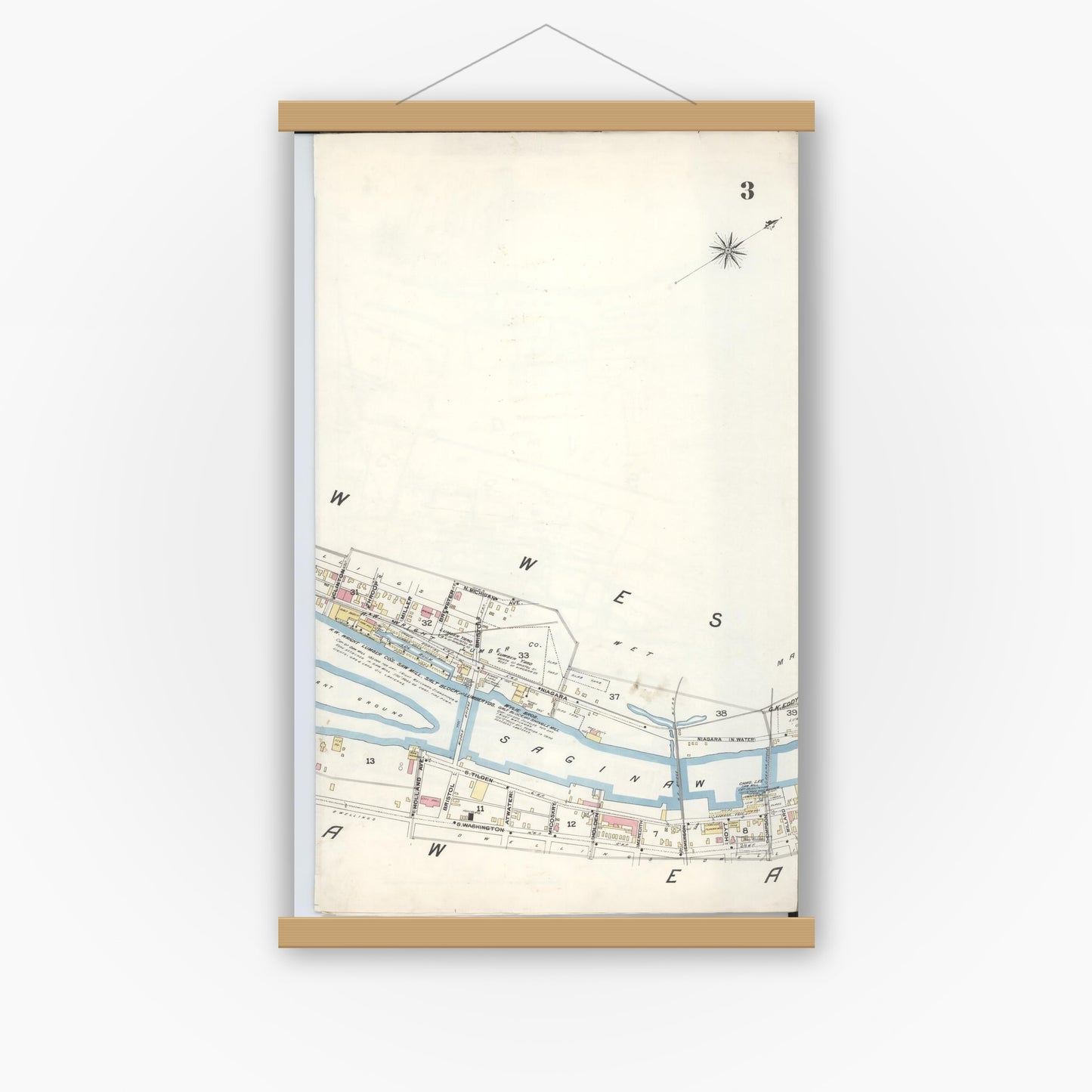 Old map wall art mockup — magnetic wood frame on white wall — Sanborn Fire Insurance Map from Saginaw, Saginaw County, Michigan (1895), Sheet #0003