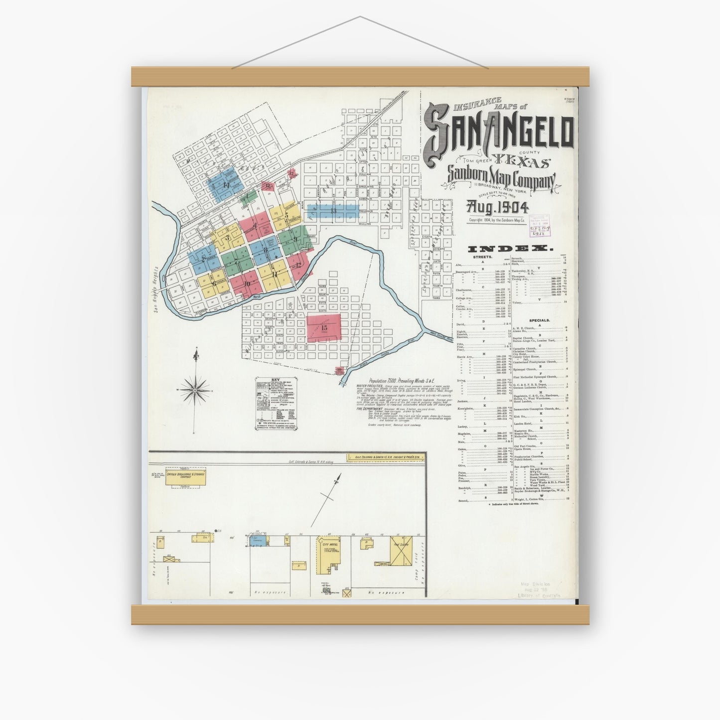 Old map wall art mockup — magnetic wood frame on white wall — Sanborn Fire Insurance Map from San Angelo, Tom Green County, Texas (1904), Sheet #0001