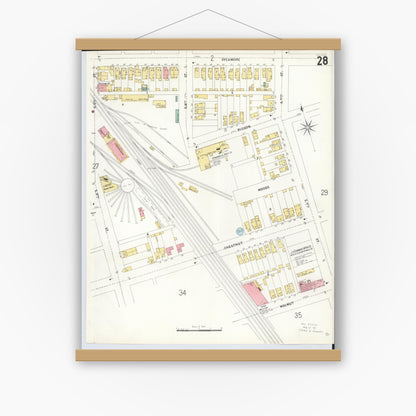 Old map wall art mockup — magnetic wood frame on white wall — Sanborn Fire Insurance Map from Hamilton, Butler County, Ohio (1899), Sheet #0028