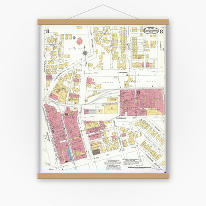 Old map wall art mockup — magnetic wood frame on white wall — Sanborn Fire Insurance Map from East Liverpool, Columbiana County, Ohio (1923), Sheet #0008