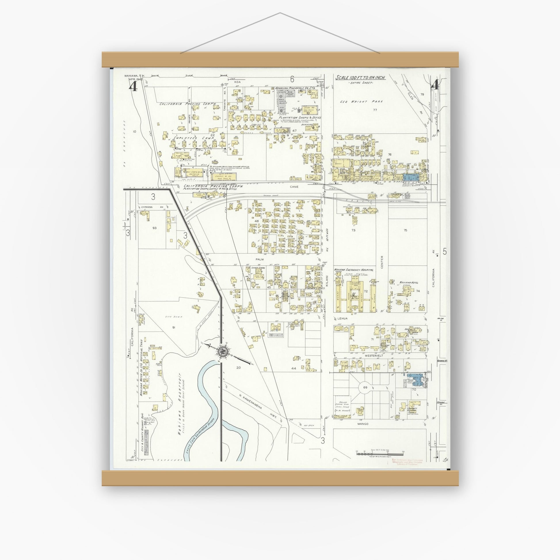 Old map wall art mockup — magnetic wood frame on white wall — Sanborn Fire Insurance Map from Wahiawa, Honolulu County, Hawaii (1942), Sheet #0004