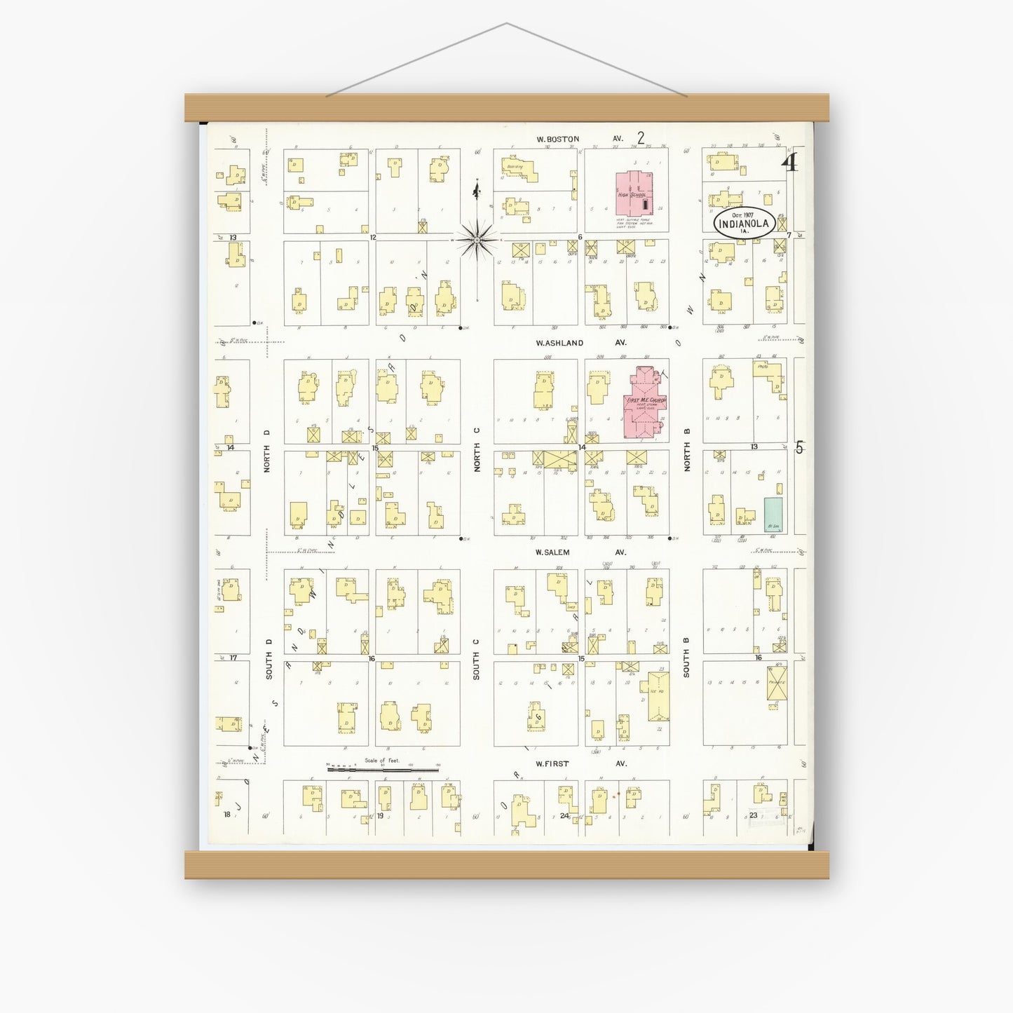 Old map wall art mockup — magnetic wood frame on white wall — Sanborn Fire Insurance Map from Indianola, Warren County, Iowa (1907), Sheet #0004