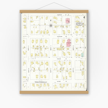Old map wall art mockup — magnetic wood frame on white wall — Sanborn Fire Insurance Map from Indianola, Warren County, Iowa (1907), Sheet #0004