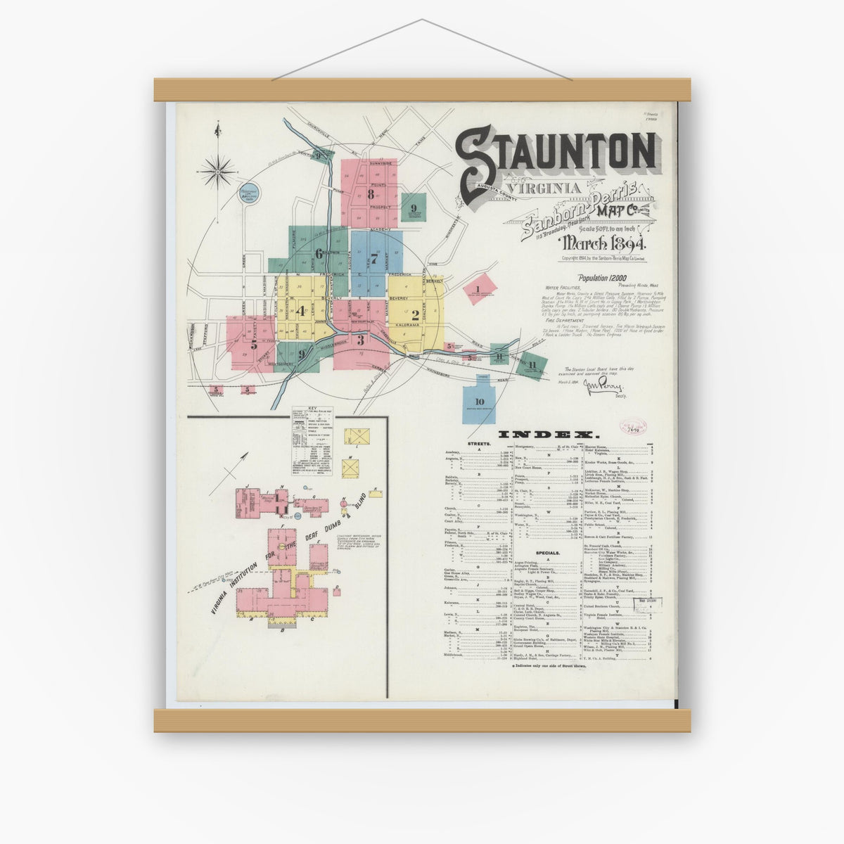 Old map wall art mockup — magnetic wood frame on white wall — Sanborn Fire Insurance Map from Staunton, Independent Cities, Virginia (1894) - Complete Map Set