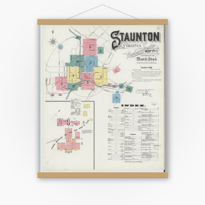 Old map wall art mockup — magnetic wood frame on white wall — Sanborn Fire Insurance Map from Staunton, Independent Cities, Virginia (1894) - Complete Map Set